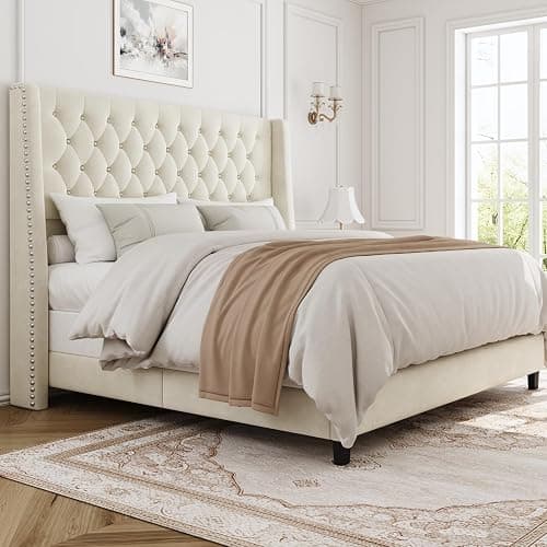 SEREINEY Queen Bed Frame with 55" Tall Headboard, Upholstered Bed Frames, Soft Fabric, Button Tufted Headboard with Windback, Platform Bed, Noise-Free, No Box Spring Needed, Beige - Image 1