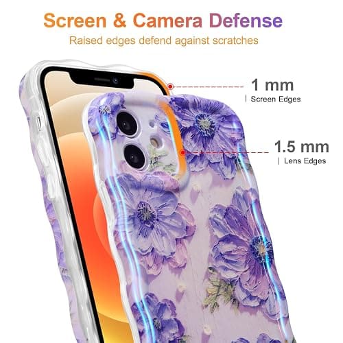 EYZUTAK Case for iPhone 12, Colorful Retro Oil Painting Printed Flower Laser Glossy Pattern Cute Curly Waves Border Exquisite Phone Cover Stylish Durable TPU Protective Case for Girls Women - Purple thumbnail 4