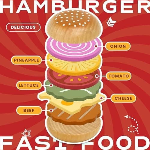 Masonbaby Wooden Play Food Set for Children, Pretend Fast Food Playset, Wooden Hamburger French Fries Toy, Play Kitchen Accessories for Toddlers, Educational Toys Gift for Boys Girls thumbnail 4