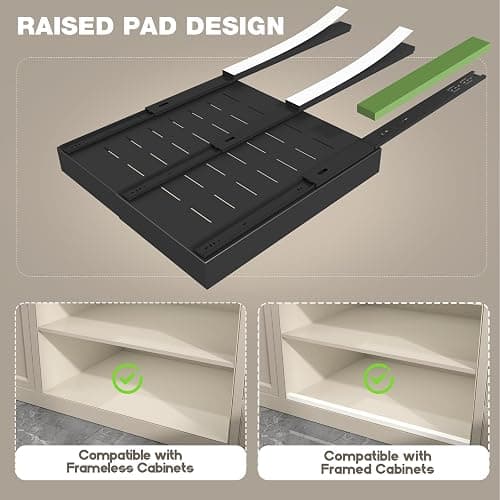Seinloes 2 Pack Pull Out Cabinet Organizer 22" Deep,Full Extension 3 Slide Rails Slide Out Drawers With Raising Pad for Framed Cabinets,Expandable Width (12.3"-20.5"),No Drill Roll Out Shelf,Black thumbnail 4