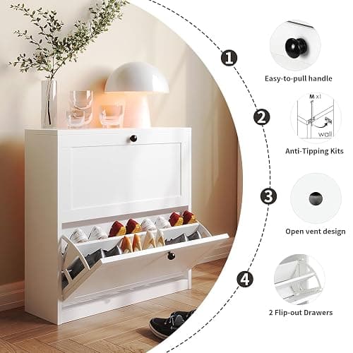 VOWNER Shoe Cabinet with 2 Flip Drawers, Freestanding Shoe Storage Cabinet with Adjustable Shelf & Anti-Tipping Device, Shoe Rack for Entryway, Hallway, Living Room (White) thumbnail 7