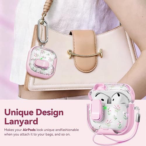 Skyconser with Safety Lock for Apple AirPods 4 Case,Clear Floral Cute AirPod 4th Generation Case with Phone Stand & Cleaning Kit for Women Girly-Pink Narcissus thumbnail 6