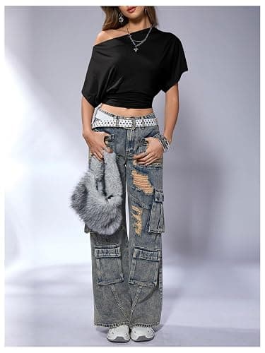 SweatyRocks Women's Off The Shoulder Tops Asymmetrical Y2K Going Out Top | Cinched Waist, Short Sleeve, One Shoulder Tops, 2000s Clothes, Summer Fashion Tops thumbnail 5