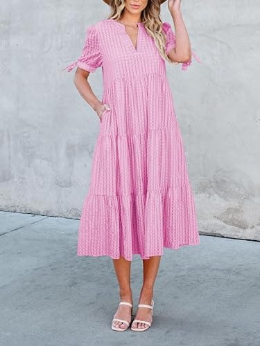 Theenkoln Womens Casual Midi Dress: Short Sleeve V-Neck Empire Waist Gingham Spring Fashion Long Trendy Tiered Formal Dresses thumbnail 5