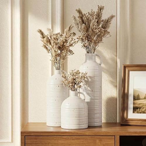 Firehold Ceramic Vase Set of 3, Rustic Home Decor Vases for Modern Farmhouse, White Boho Flower Vases for Shelf, Mantel, Table Decor, Small Decorative Vase for Dried Flowers & Pampas Grass thumbnail 3