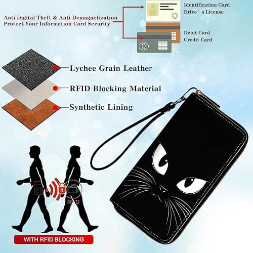 DHYYDSQZ Womens Wallet, PU Leather RFID Cute Wristlet Wallets for Girls Women Ladies Purse Large Credit Card Clutch Purse Card Holder Coin Pocket Travel Wallets with Zipper, A Black Cat thumbnail 4