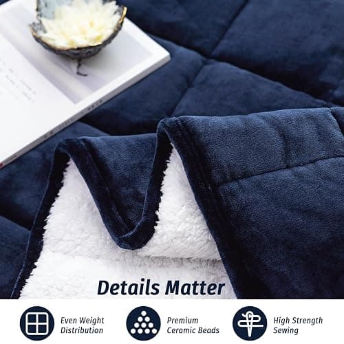 Wemore Sherpa Fleece Weighted Blanket for Adult, 15 lbs Dual Sided Cozy Fluffy Heavy Blanket, Ultra Fuzzy Throw Blanket with Soft Plush Flannel Top, 48 x 72 inches, Navy Blue and White thumbnail 4