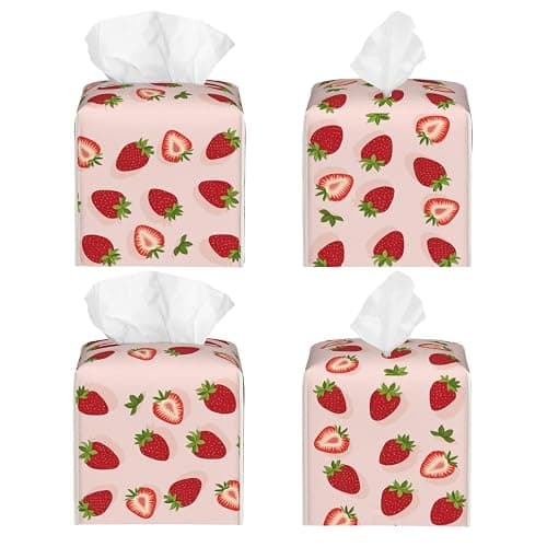 Tissue Box Cover, Pink Strawberry Pu Leather Square Tissue Holder, Waterproof Durable Facial Tissue Protector, Home Decor thumbnail 4