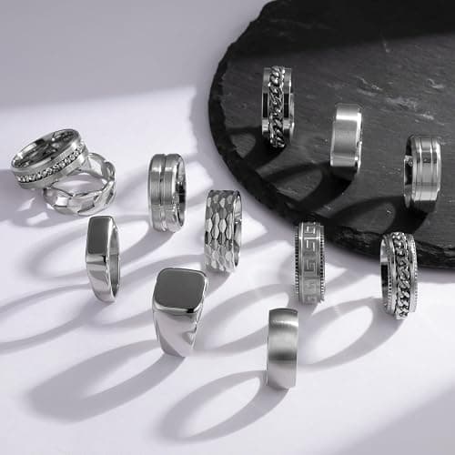 EIELO 12pcs Stainless Steel Band Rings - Silver, Modern, Wedding & Everyday Occasion - No Gemstones, Unisex, Size 7-14 thumbnail 6