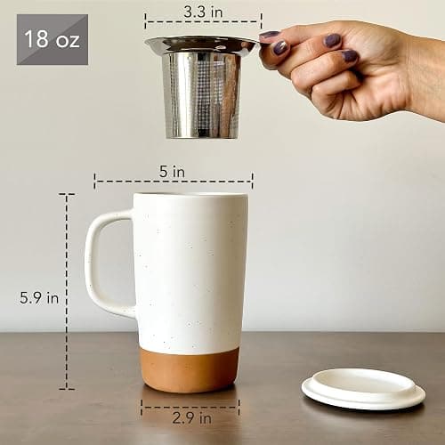 Mora Ceramics Large Tea Mug with Loose Leaf Infuser and Ceramic Lid, 18 oz, Portable, Microwave and Dishwasher Safe, Tall Coffee Cup - Rustic Matte Ceramic Glaze, Modern Herbal Tea Strainer, Cotton thumbnail 3