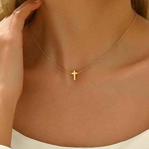 Nawflue Cross Necklace for Women, 18K Gold Plated Dainty Tiny Sideways Cross Choker Necklace, Adjustable Stainless Steel Trendy Faith Jewelry, Christmas Gifts thumbnail 2