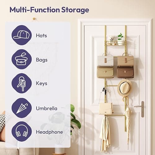 SWTYMIKI Over the Door Purse Organizer - Wall Mounted Handbag Organizer with 16 Hooks and Metal Basket, Hanging Purse Storage Rack Holds up to 16 Bags, Bag Rack Can Use As 1/2 Part, for Door, Closet thumbnail 3