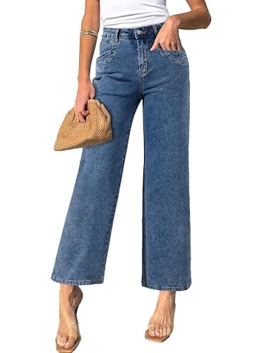 Sidefeel Women's Straight Leg Jeans High Waisted Petite Stretchy Jeans Zimbaplatinum Wide Leg Ankle Denim Pants with Pockets - Image 1