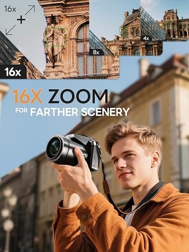 8K 64MP Digital Cameras for Photography - 16X Zoom Autofocus, WiFi, with 180° Flip Screen, 64G TF Card & 2 Batteries, Professional Camera for YouTube Vlogging Live Streaming (Black) thumbnail 3