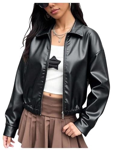 BEAUDRM Girl's PU Leather Jacket Long Sleeve Y2k Jackets Collared Neck Motorcycle Coat Outerwear - Image 1
