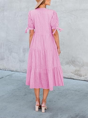 Theenkoln Womens Casual Midi Dress: Short Sleeve V-Neck Empire Waist Gingham Spring Fashion Long Trendy Tiered Formal Dresses thumbnail 2