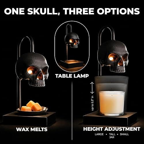 Skull Candle Warmer Lamp with Timer and Dimmer *Candles NOT Included – Black Gothic Candle Lamp Warmer w/Adjustable Height, 2 Light Bulbs – Skull Decor, Goth Gothic Decor Spooky Home & Witchy Gifts thumbnail 3