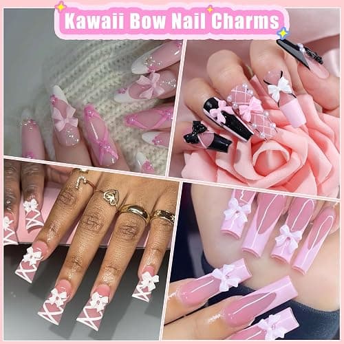 Charms Kit for Nails, 400Pcs Bow and Flatback Pearls Set, 3D Acrylic Rhinestones for Nails Art Design, Pink Black White Bowknot Gems for DIY Crafts, Manicure Decoration Supplies thumbnail 8