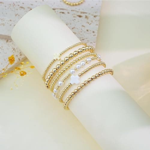 Fohufo Gold Bracelets for Women Jewelry - Easter Basket Stuffers, Cross/Pearl/Beaded Bracelets Set, Dainty 14K Gold Plated Beaded Bracelets Stack, Birthday Easter Gifts for Women thumbnail 7