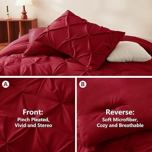 CozyLux King Size Comforter Set Dark Red, 7 Pieces Pintuck Bed in A Bag Red Comforter King Size, Pinch Pleat Bedding Set with All Season Comforter, Sheets, Pillowcases & Shams thumbnail 3