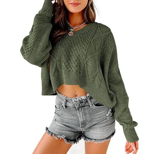 Tankaneo Women's V Neck Cropped Sweater Long Sleeve Crop Top Cable Knit Oversized Pullover Sweater thumbnail 2