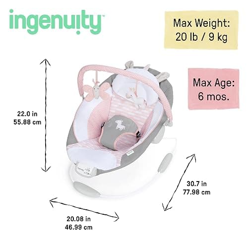Ingenuity Soothing Baby Bouncer Infant Seat with Vibrations, -Toy Bar & Sounds, 0-6 Months Up to 20 lbs (Pink Flora the Unicorn) - Flora the Unicorn thumbnail 3