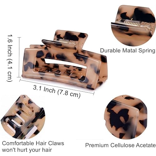 3 inch Hair Claw Clips Cutout Tortoise Shell Celluloid Hair Jaw Clips French Design Rectangle Hair Clamp for Women Ladies Mother (2 Pack) thumbnail 2