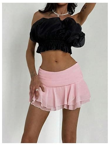 MakeMeChic Women's Mini Skirt Tiered Layer Ruffle Flared Rave Party Skirt | Cute Going Out Skirts, Night Out, Sheer, Low Waist Short Skirt thumbnail 3