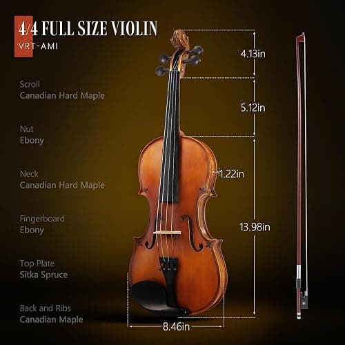AKLOT Handcrafted Full Size Violin: Solid Wood Matte Fiddle, Acoustic Beginner 4/4 Violin Kit with Hard Case, Lesson Book, Bow, Shoulder Rest, Extra Strings, Tuner, Fretboard Stickers (VRT-AmiMS) thumbnail 8