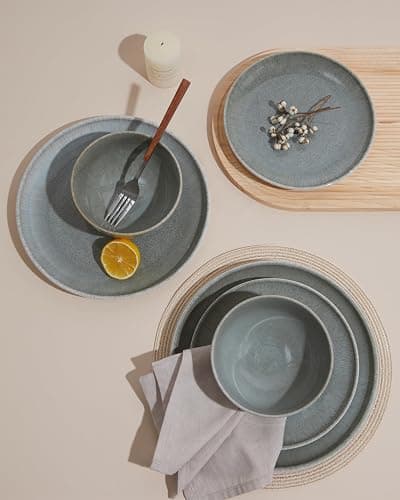 Pokini 16 Piece Double Bowl Dinnerware Sets, Stain Resistant Dish Set with Pasta Bowls, Easy Cleaning Dishes, Multi-Functional Plate and Bowl, Stack Compactly Plate Set, Service for 4 thumbnail 2