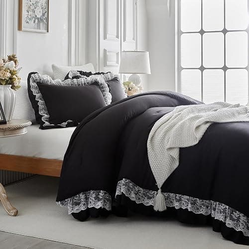 Joyreap Queen Size Comforter Set Black, 3pcs Lace Ruffled Bedding Comforter Set, Microfiber Vintage Boho Chic Bedding Set for All Season- 88x88 inches thumbnail 5