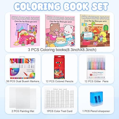 Coloring Book Set for Adults and Teens,3 PacK Easy and Simple Designs Coloring Set,Stress Relief Gifts with 36 Colors Markers &12 Pcs Glitter Markers &12 pcs Colored Pencils for adults Relaxation thumbnail 3