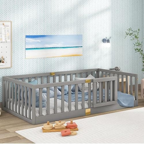 Tatub Twin Montessori Floor Bed with High Rails, Solid Wood Montessori Bed Frame for Kids, Door Can Install Left and Right, Twin-Grey - Image 1