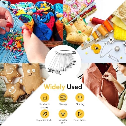 Huhuhero 340 Pack Safety Pins Assorted, Small & Large Heavy Duty Safety Pins for Clothes Costume Sewing, 5 Different Sizes Nickel Plated Steel Pin Bulk, Crafts Art Supplies, Silver thumbnail 7