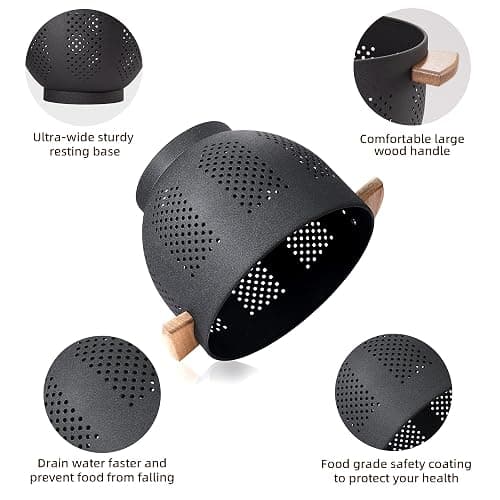 Metal Colander with Wood Handle and Stable Base, Powder Coated Steel Kitchen Strainer Basket for Draining Pasta, Vegetable and fruit(5.5quart,Matte Black) thumbnail 4