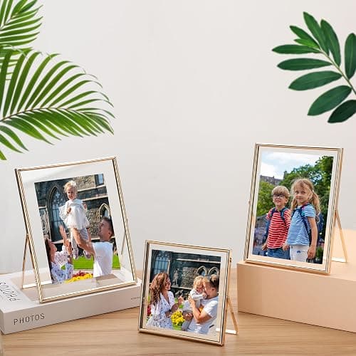 Gold Floating Picture Frames Set of 3, Metal Geometric Photo Frame with Glass Cover Includes(5x7'',4x6'', 5x5''),Tabletop Floating Picture Frames for Home Wedding Decoration,Gift for Christmas,Wedding thumbnail 2
