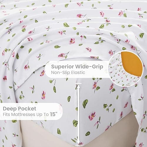 Mooreeke Floral Queen Sheets, Soft Breathable Microfiber Vintage Printed Bed Sheet Set, Deep Pocket Non-Slip Fitted Sheet Included, Flower Leaf Pattern thumbnail 5