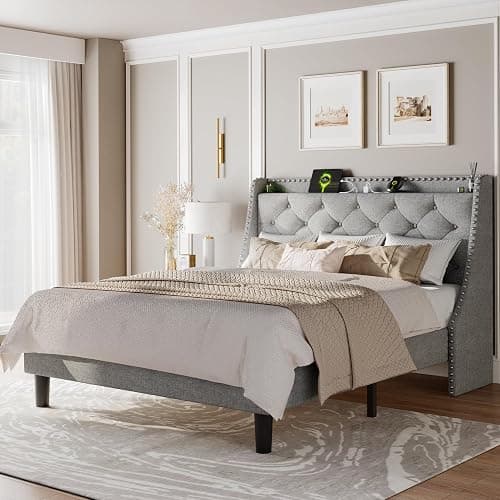 Feonase Queen Bed Frame with Luxury Wingback Upholstered Button Tufted Storage Headboard, Queen Platform Bed with Charging Station, Sturdy Wooden Slats Support, Noise-Free, Easy Assembly, Light Gray - Light Gray - Queen - Image 1