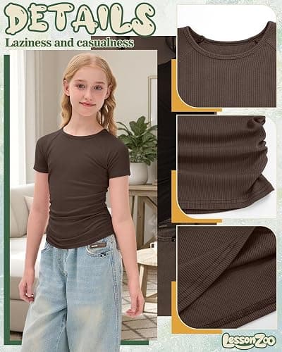 LessonZoo Girls Short Sleeve Shirts Kids Ribbed Knit Side Ruched Tops Crew Neck Slim Fit Tees Summer Basic Cute 5-14 Years thumbnail 6
