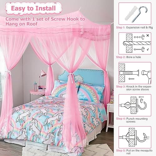 Twin Size Bed Canopy with Lights, Bed Canopy for Girls Princess with Luminous Stars, Canopy Bed Curtains for Twin Bed Kids Indoor Decor Bedroom, 4 Corner Post Bunk Bed for Student Dormitory, Pink thumbnail 6