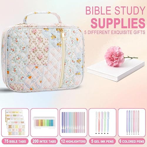 Bible Cover Case Study Supplies for Women Gifts Large Bible Cover with Highlighters Pens Tabs Cute Quilted Carrying Case Bible Journal Kit Accessories Christian Gifts Bible Sticky Notes A thumbnail 4