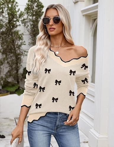 Zeagoo Women's 2025 Fall V Neck Sweater Casual Long Sleeve Lightweight Ribbed Knit Pullover Sweaters Dressy Casual Tops thumbnail 4