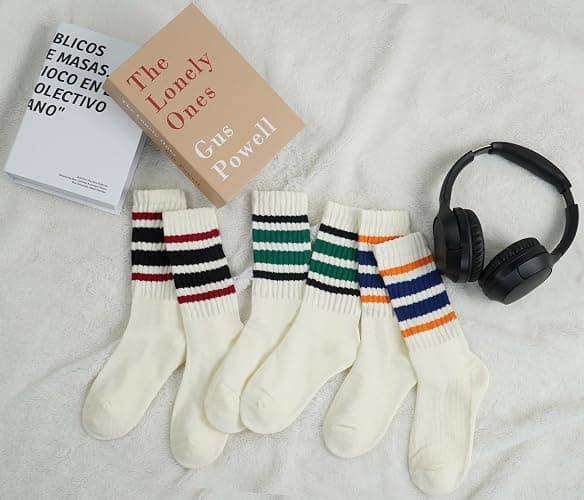 BomKinta Striped Crew Socks Women - Retro Novelty Socks - Stretchy Casual Athletic Cotton Gifts Sock Size 5-10 thumbnail 3