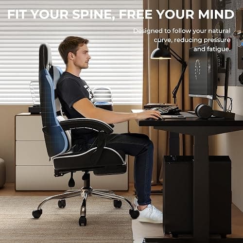 Dowinx Ergonomic Gaming Chair with Footrest, Heavy Duty 330lbs Office Chair, Massage Lumbar Support, Adjustable Height & Headrest Pillow, Comfortable for Back Pain Relief Streaming Long Gaming White thumbnail 9