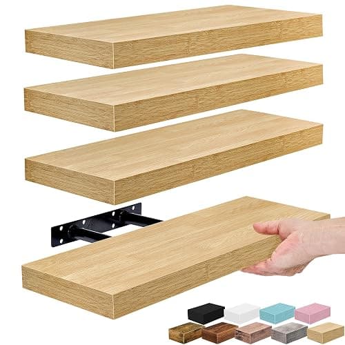 Sorbus Floating Shelves for Wall – 16 Inch Floating Shelf for Kitchen, Bedroom, Living Room, Bathroom, Home & Wall Decor - Mounted Bathroom Shelves with Invisible Brackets (Maple Wood, 4 Pack) - Image 1