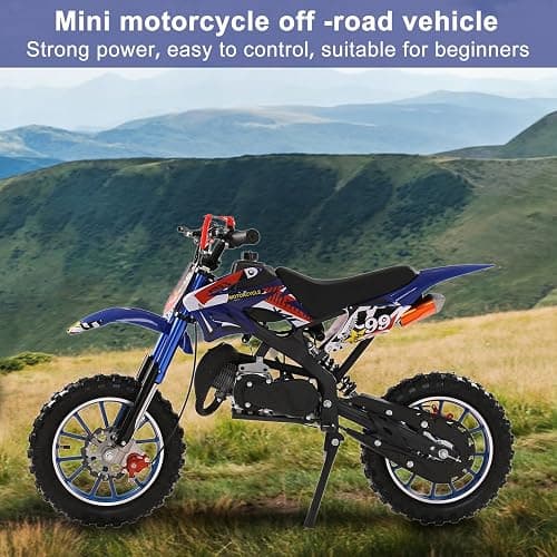 HshDUti 49cc 2-Stroke Gas Powered Motocross Dirt Bike for Kids, Off Road Mini Motorcycle With Front Rear Disc Brakes, Birthday Gifts - Blue thumbnail 3