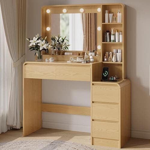 TOKSOM Vanity Table with Drawer Dresser, 39.3”Farmhouse Vanity Makeup Desk with Charging Station, Vanity Desk with Lights Mirror & 5 Drawers for Makeup, Vanity Desk with Multi Storage Shelves Natural thumbnail 8