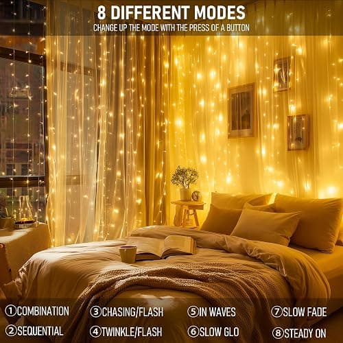 Dazzle Bright 300 LED Curtain Lights, Plug in Fairy Curtain Lights for Bedroom, Christmas Hanging String Lights Outdoor for Window Backdrop Wall Wedding Patio Indoor Dorm Party Decor, Warm White thumbnail 4