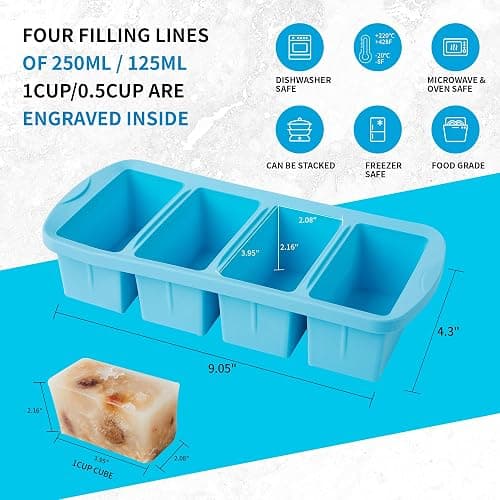 WENQING Silicone Freezer Tray with Lid 2 Pack Silicone Freezer Molds - Large Ice Cube Tray - Makes 8 Perfect 1 Cup Portions Soup Cubes Meal Prep Containers- Oven & Dishwasher Safe thumbnail 3