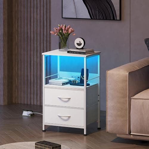 WLIVE White Night Stand with Charging Station, LED Nightstand with 2 Fabric Drawers and Storage Shelf, Dorm Bedside Table End Table with 2 USB Ports and Outlets, Small Dresser for Bedroom thumbnail 7